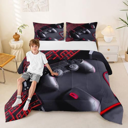 Feelyou Gamer Comforter Set Queen Size Gaming Bedding Set for Kids Boys Girls Game Room Decor Duvet Quilt Gamepad Bedroom Decor Red Microfiber 3 Pcs with 2 Pillow Cases