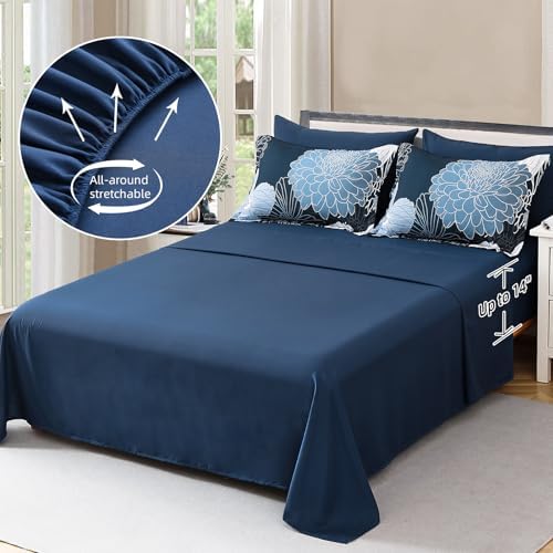 Yiran Navy Blue Bed in a Bag Comforter Set Queen 7 Pieces Floral Bedding Set for Bed,Soft Microfiber Flowers Comforter with 1 Flat Sheet 1 Fitted Sheet 2 Pillowshams