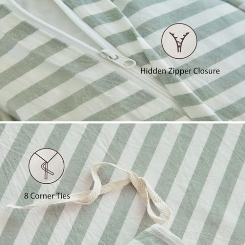 Sage Green Striped Duvet Cover Set King 100% Washed Cotton Linen Feel
