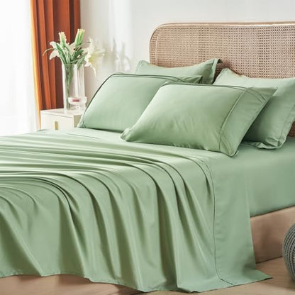 Yogeneg Queen Comforter Set 7 Piece Bed in a Bag,Grid Pinch Pleat Sage Green Bedding Set,Striped Textured Soft Microfiber Comforter with Sheet Set,All Season Complete Bed Set(Sage Green,Queen)