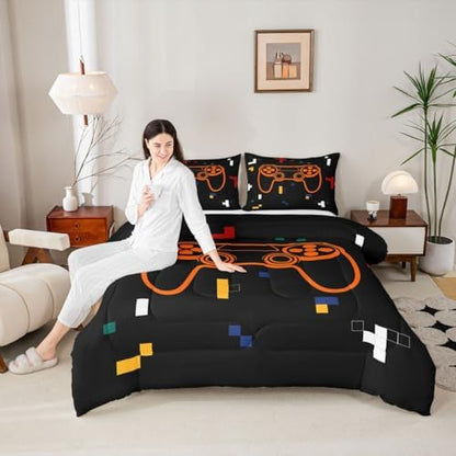 Feelyou Kids Gamer Bedding Set Toddler Size, Geometric Gaming Comforter Game Comforter Set Boys Girls Gamepad Teens Duvet Set Bedroom Decor with 1 Pillow Case