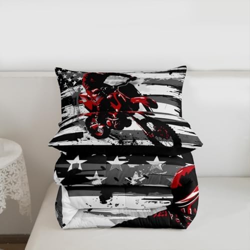 Feelyou Motocross Kids Comforter Set Twin American Flag Pattern Bedding Set Dirt Bike Duvet Quilt for Kids Boys Girls Bedroom Black and White Stripes Decor Motorbike Microfiber Soft Breathable