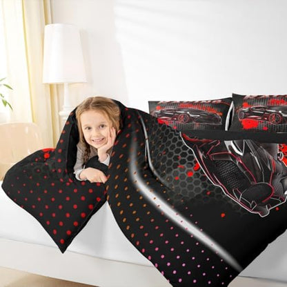Feelyou Race Car Duvet Quilt King Size Red Speed Sports Car Bedding Set for Kids Boys Girls Decor Automobile Bedding Set Breathable Soft Lightweight Microfiber Extreme Sports Bedroom Decor