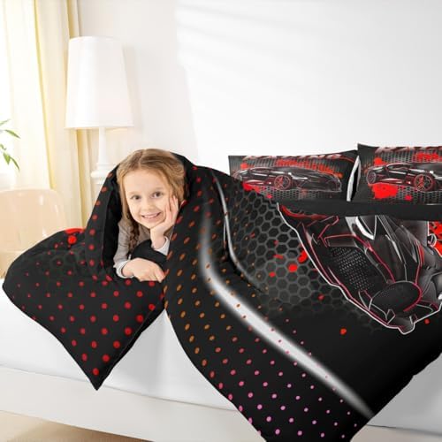 Feelyou Race Car Duvet Quilt Full Size Red Speed Sports Car Bedding Set for Kids Boys Girls Decor Automobile Bedding Set Breathable Soft Lightweight Microfiber Extreme Sports Bedroom Decor