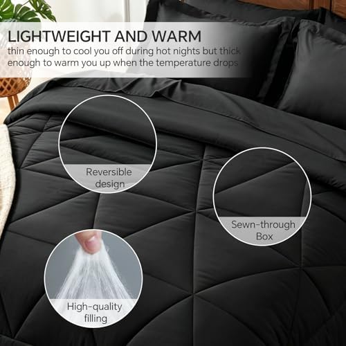 BEDELITE Queen Comforter Set 7 Pieces, Solid Black Bed in A Bag