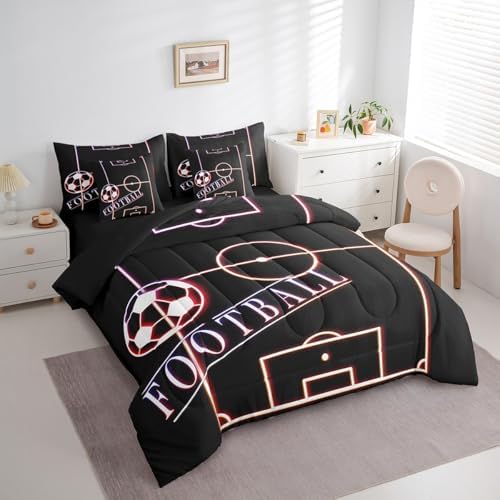 Football Bedding Comforter Sets 7pcs Sport Bed in a Bag Glowing Soccer Field Queen Bedding Sets Sports Gamer Comforter Set Purple Pink Red Bedding Sets & Collections for All Season Kids Bedroom Decor