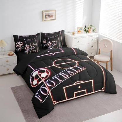 Football Bedding Comforter Sets 7pcs Sport Bed in a Bag Glowing Soccer Field Queen Bedding Sets Sports Gamer Comforter Set Purple Pink Red Bedding Sets & Collections for All Season Kids Bedroom Decor