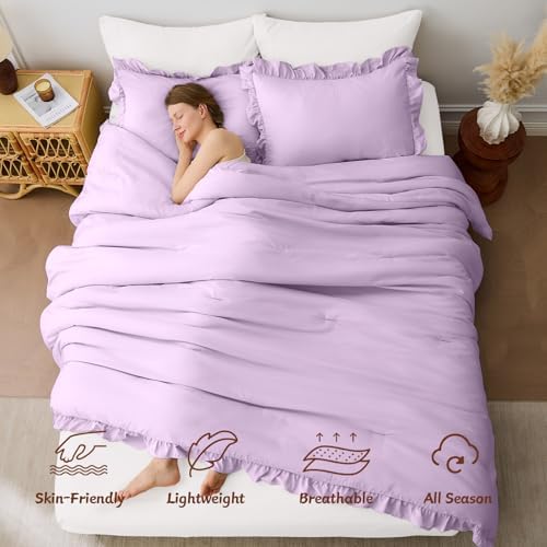 FUANNA Full Size Comforter Sets, Lavender Ruffle Bedding Set, 3 PCS Bed Set