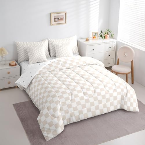 jejeloiu Beige Bedding Set 7Pcs Queen Size Kids Plaid Checkered Comforter Set with Sheets for Boys Girls Classic Grid Buffalo Check Bed in a Bag Soft Lightweight,Microfiber