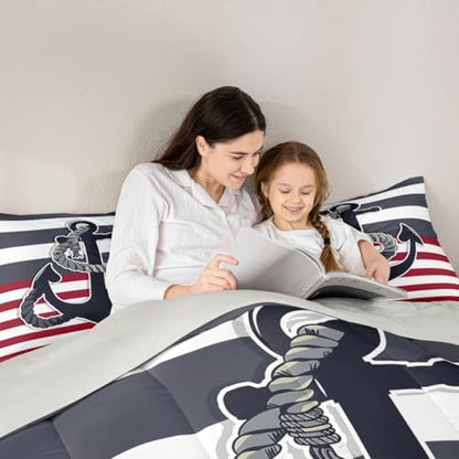 Nautical Anchor Comforter Set Full Size,Black Red Stripes Bedding Set 3pcs for Kids Teens Boys Adults Room Decor,Sea Adventure Themed Quilt Set Geometric Abstract Duvet Insert,2 Pillowcases