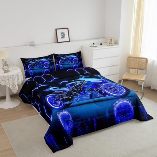 Feelyou Kids Boys Dirt Bike Comforter Set,Extreme Sports Bedding Set Twin Size,Boys Bedroom Room Decor,Racing Motocross Comforter,Blue Geometric Hexagon Racing Motocross Bed Set for All Season