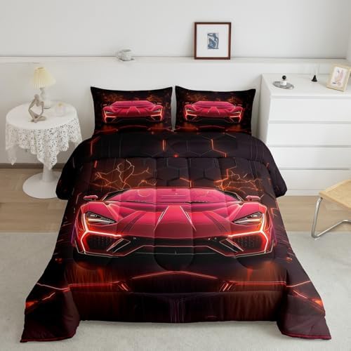 Feelyou Kids Boys Race Car Bedding Set Queen Size,Red Black Racing Car Comforter Set,Boys Car Theme Bedroom Room Decor,Extreme Sports Car Comforter,Geometric Hexagon Cool Car Bed Set for All Season