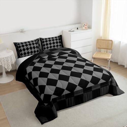 Checkered Geometric Comforter Set Full Size Black Grey Plaid Bedding Set for Kids Boys Girls Checkerboard Modern Aesthetic Duvet Quilt Cute Retro Neutral Bedroom Decor 3 Pcs with 2 Pillow Cases