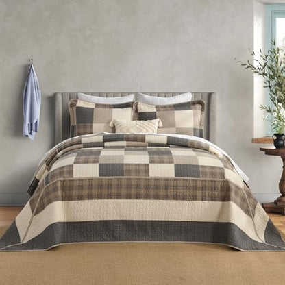 SahSahCasa 120"x102" 100% Cotton Oversized Queen Bedspread Coverlet Quilt Set, Queen Quilted Bedspread Extra Large Quilt, XL Bed Spread Lightweight Comforter, 3pc, Charcoal/Beige/Brown