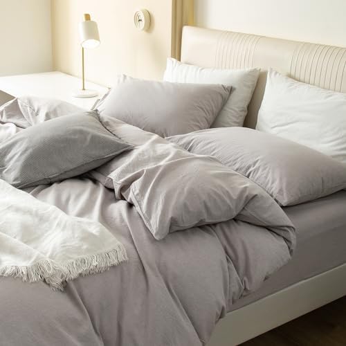 JIYUAN Oversized Queen Washed Cotton Duvet Cover Set Relaxed Linen Feel