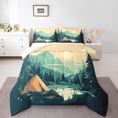 Happy Camping Comforter Set Twin Size,Sunset Mountain Camper Bedding Set for Kids Teens Adults Room Decor,Lake Tree Woodland Duvet Insert 2Pcs,Nature Scenery Camper Adventure Quilt Set,1 Pillowcase