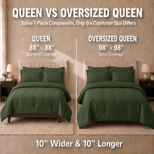 HIMEET Oversized Queen Comforter Sets, 7-Piece Point-Quilted, Olive Green