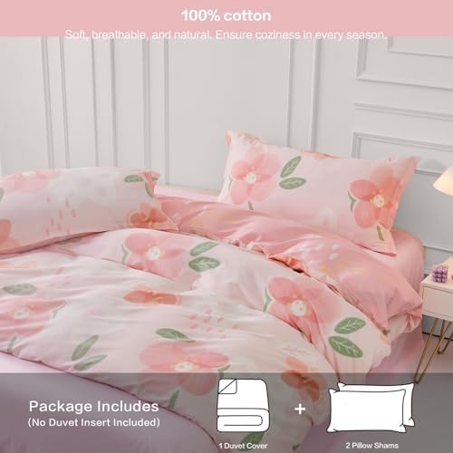 SAPHREAS Pink Floral Duvet Cover Set 3pcs King Size Botanical Blossom Flower Pattern Bedding Comforter Cover Set 100% Cotton 1 Duvet Cover 104"x90" 2 Pillow Shams, Comforter Not Included