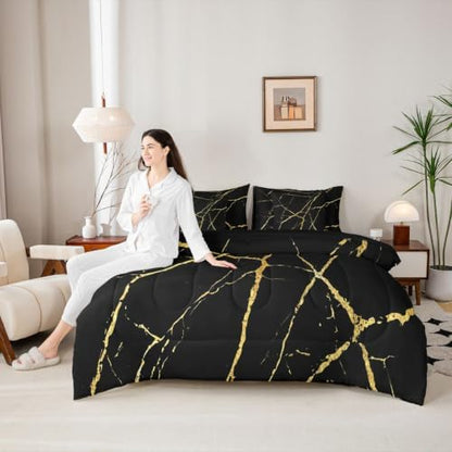 Erosebridal Black Gold Marble King Bed in A Bag 7 Piece Marbling Crack Print Comforter Set with Sheets Abstract Metallic Texture Bedding Sets for Kids Adults,Modern Marble Aesthetic Bed Set