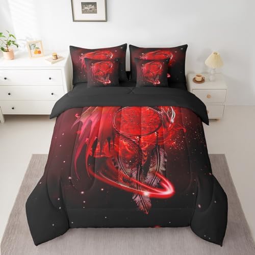 Erosebridal Gothic Dragon Dream Catchers Bed in a Bag King Size Comforter Set 7 Pieces,Red Galaxy Bohemian Feather Bedding Sets Antique Animal Pterosaur Sheet Set with Comforter