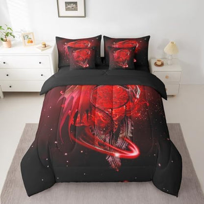 Erosebridal Gothic Dragon Dream Catchers Bed in a Bag King Size Comforter Set 7 Pieces,Red Galaxy Bohemian Feather Bedding Sets Antique Animal Pterosaur Sheet Set with Comforter