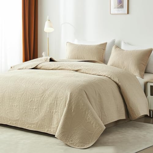 akkialla 118"x106" Beige California King Quilt Set, Oversized Floor-Length Bedspread, Modern Coin Pattern Microfiber Coverlet, 3-Piece All Season Bedding with 2 Pillow Shams