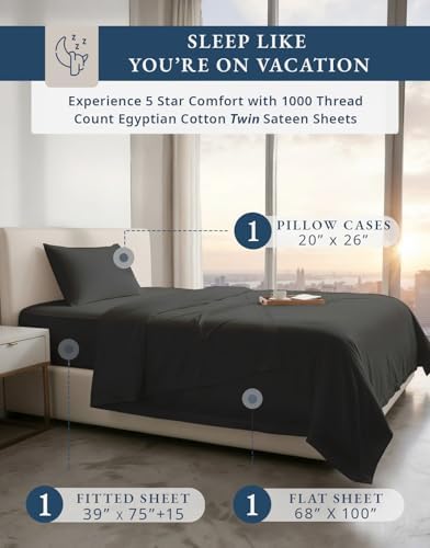 LANE LINEN Twin Bed Sheet Set 100% Egyptian Cotton Sateen - Black