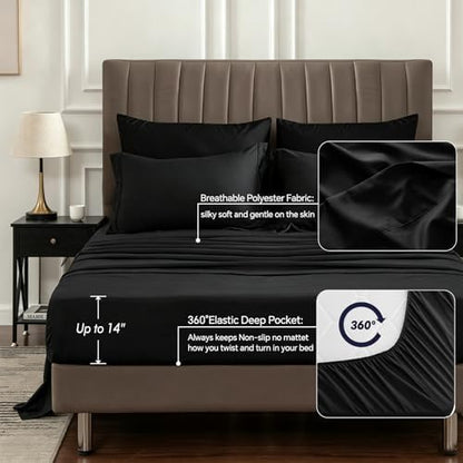 BEDELITE Queen Comforter Set 7 Pieces, Solid Black Bed in A Bag