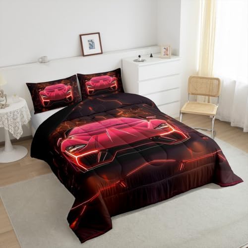 Feelyou Kids Boys Race Car Bedding Set King Size,Red Black Racing Car Comforter Set,Boys Car Theme Bedroom Room Decor,Extreme Sports Car Comforter,Geometric Hexagon Cool Car Bed Set for All Season