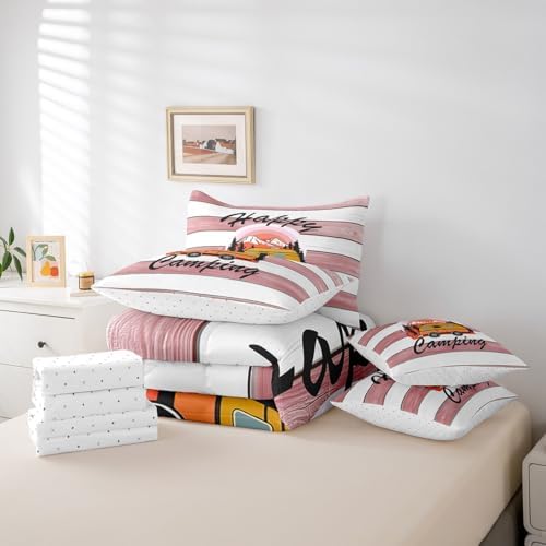 Erosebridal Happy Camping Comforter Set Full Size,Cartoon RV Bedding Set for Kids Teens,Pink Wooden Plank (Comforter+Fitted+Flat Sheet+2 Pillowcases+2 Throw Pillow Covers) 7 Pieces Bed Set