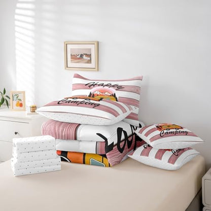 Erosebridal Happy Camping Comforter Set Full Size,Cartoon RV Bedding Set for Kids Teens,Pink Wooden Plank (Comforter+Fitted+Flat Sheet+2 Pillowcases+2 Throw Pillow Covers) 7 Pieces Bed Set