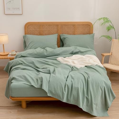 BESTOUCH Cal King Washed Cotton Linen Feel Sheet Set 4 Pcs Solid Green