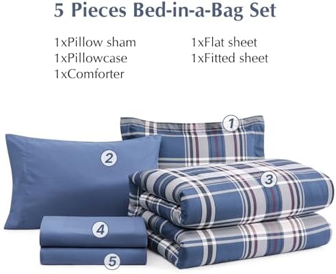 Plaid Twin XL Comforter Set Medium Blue 5 Pieces College Dorm Bed in a Bag