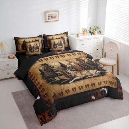 Erosebridal Farmhouse Deer Bed in A Bag 7 Pcs Country Forest Animal Comforter Set for Women Men Hunting Wildlife Deer Paw Bedding Sets King Rustic Woodland Cabin Sheet Set with Comforter