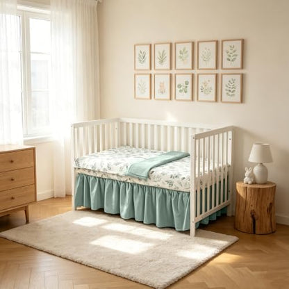 Organic Cotton Muslin Baby Crib Bedding Set 3 Piece Soft for Infant Newborn Toddler Boys Girls 52"x28", Nursery Bed Quilt Set Decor with Fitted Crib Sheet, Leaves Quilted Comforter Blanket, Bed Skirt