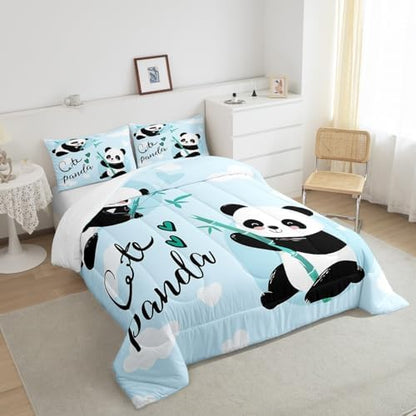 Feelyou Cute Panda Bedding Set Cartoon Panda Comforter Set for Kids Boys Girls Animal Theme Comforter Kawaii Animal Quilt Set Blue 1 Comforter Set with 2 Pillowcases King Size