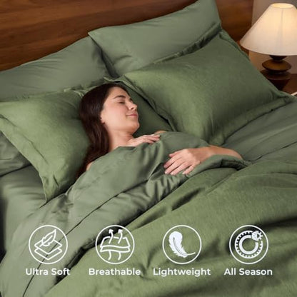 JOLLYVOGUE King Comforter Set 7 Pieces Dark Green, Cationic Dyeing Bed in a Bag King, Double-Tone Bedding Set with Down Alternative Comforter, Sheets, Pillowcases & Shams