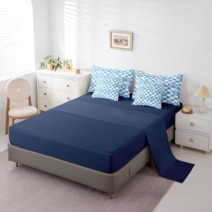 Erosebridal Blue Cheery Bow King Bedding Set 7 Piece for Boys Girls Y2K Trendy Lucky 8 Ball Comforter Set for Kids Teen Adults,Preppy Fashion Checkered Geometric Bed in A Bag Funky Y2K Bed Set