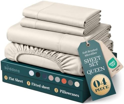 King Sheets Set, 4 Pcs 16" Deep Pocket Hotel Luxury Bed Sheets, Beige