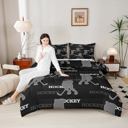 Ice Hockey Comforter Set King Size, Kids Bedding Set,Winter Sports Modern Quilt Comforter,Black Gray Duvet Insert,2 Pillowcases