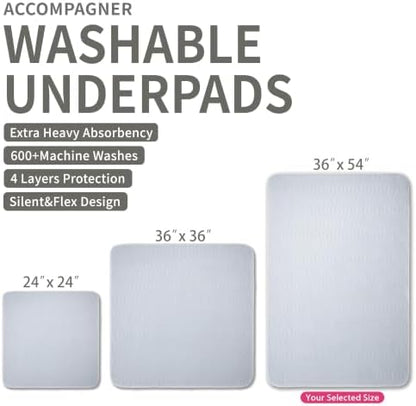 Accompagner Incontinence Bed Pads Washable Waterproof, Ultra-Absorbent Reusable Underpads for Diaper Changing, Nursing, Bedridden, Adults, Seniors, Kids and Dogs (Pearl Gray, 36"x54"(Pack of 4))