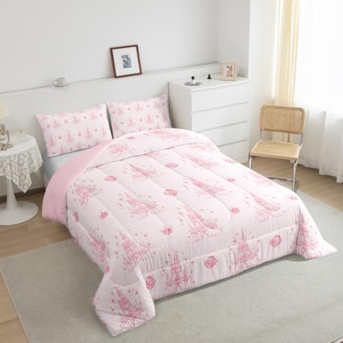 Manfei Dreamy Castle Comforter Set Toddler Size, Pink Floral Crown Print Bedding Set 2pcs, Cute Magical Princess Down Comforter All Season, Kids Girls Room Decor, Soft and Breathable, 1 Pillowcase