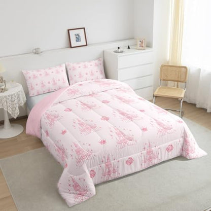 Manfei Dreamy Castle Comforter Set King Size, Pink Floral Crown Print Bedding Set 3pcs, Cute Magical Princess Down Comforter All Season, Kids Girls Room Decor, Soft and Breathable, 2 Pillowcases