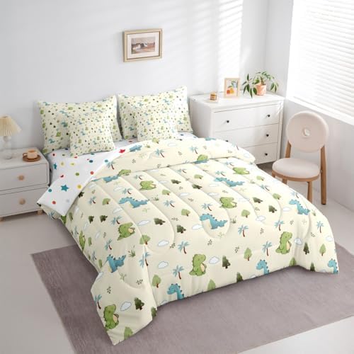 Feelyou Cute Dinosaur 7 Piece Bedding Set Cartoon Dino Comforter Set with Sheets for Kids Boys Girls Animal Theme Bed in a Bag Yellow Blue Green Bed Set Soft Lightweight