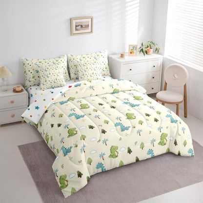 Feelyou Cute Dinosaur 7 Piece Bedding Set Cartoon Dino Comforter Set with Sheets for Kids Boys Girls Animal Theme Bed in a Bag Yellow Blue Green Bed Set Soft Lightweight