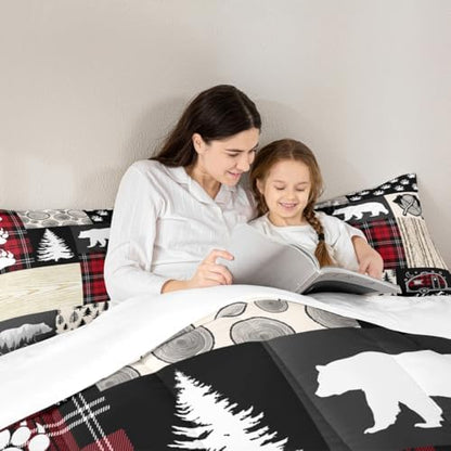 Bear Comforter Set King Size,Pine Trees Animals Hunting Bedding Set for Kids Boys Girls Adults Room Decor,Camping Adventure Rustic Farmhouse Down Comforter,Red Plaids Duvet Insert,2 Pillowcases