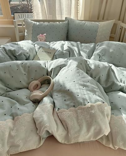 VM VOUGEMARKET Sage Green Bedding Set Twin 3 Pieces Black Dots Duvet Cover Set with Lace Edge-Soft Microfiber Princess Style Comforter Cover for Teen Girls-68x86 Inch