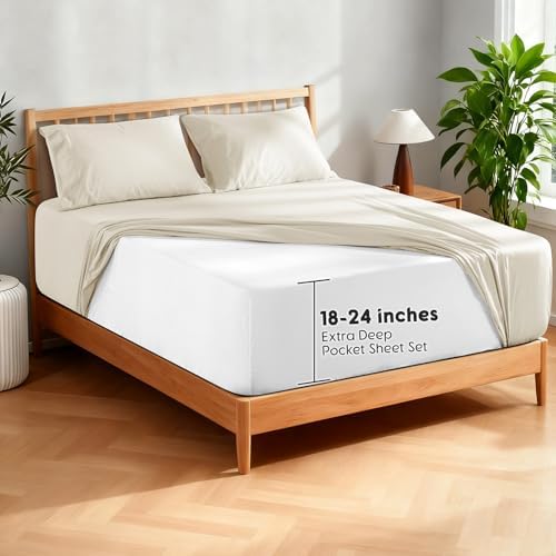 SONORO KATE 100% French Linen King Size Sheets Set,Extra Deep Pocket,4PC