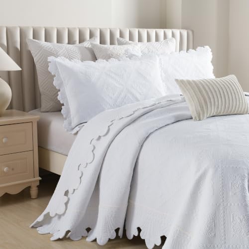 MarCielo 3-Piece 100% Cotton Oversized Bedspread Lightweight Quilt Coverlet Embroidery Farmhouse Bedding Set (TK White, Oversized King (118"x106"))