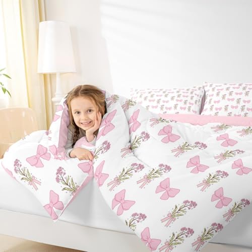 Castle Fairy Pink Bowknot Comforter Set Toddler Size,Vintage Farmhouse Pink Floral Bedding Set,Kids Teens Adult Room Decor,Dreamy Girly Style Down Comforter,2 Pcs 1 Pillowcase